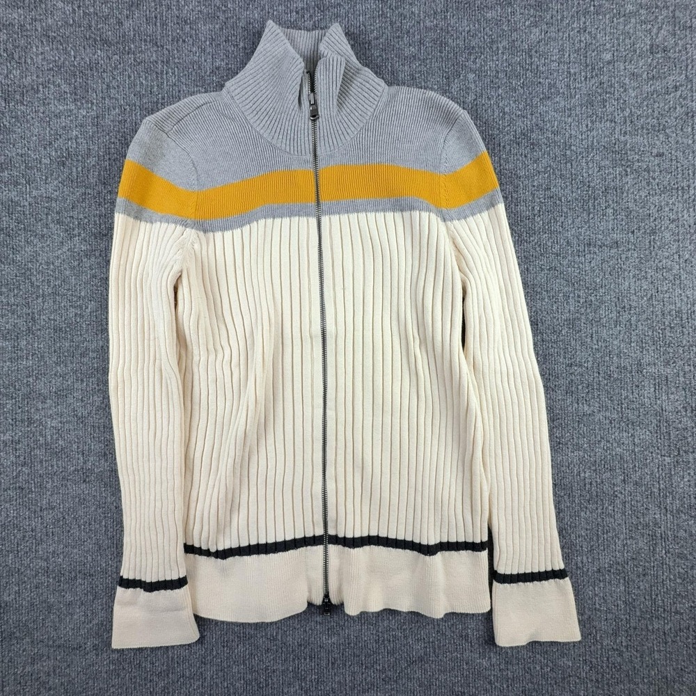 Eddie Bauer Sweater Womens XL White Stripe Full Zip Mock Neck Ribbed Cotton Knit